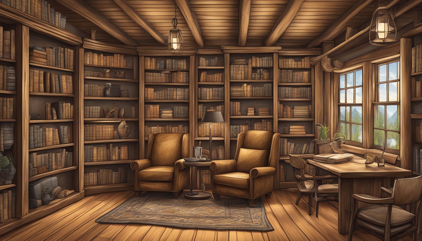 A cozy, rustic hunting lodge with a bookshelf filled with leather-bound volumes on hunting, nature, and outdoor adventure