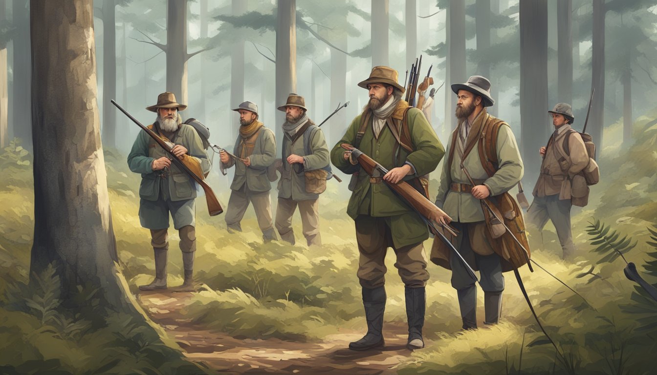 A group of hunters in traditional clothing tracking game in a forest clearing, with a mix of historical and modern hunting tools