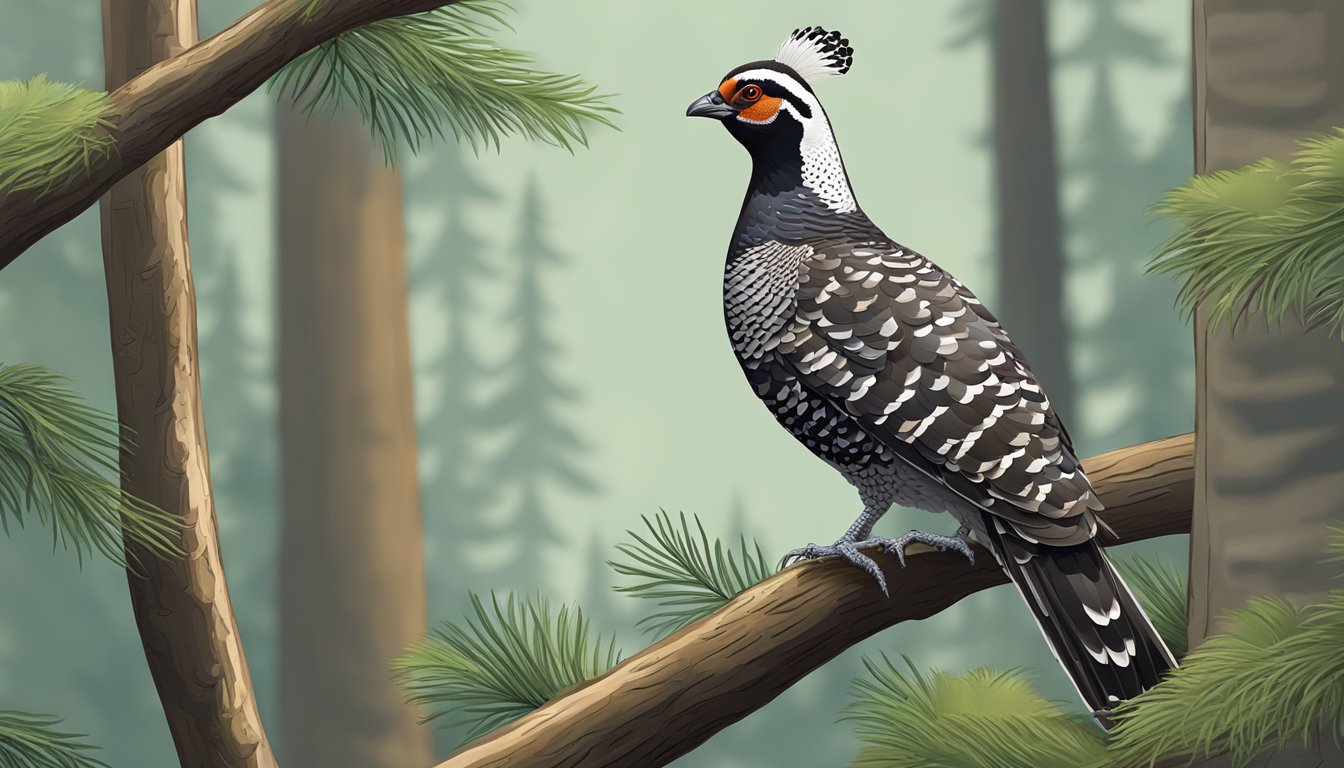 A spruce grouse perched on a low-hanging branch, blending in with the forest foliage