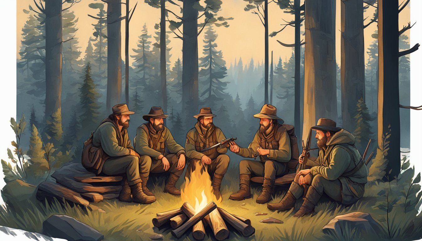 A group of hunters gather around a campfire, sharing stories and experiences. The scene is set in a forest clearing, with traditional hunting gear and a sense of camaraderie