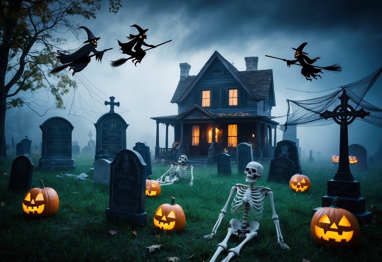 A spooky graveyard with tombstones, skeletons, and eerie fog. A haunted house with jack-o-lanterns and cobwebs. Ghosts and witches flying on broomsticks