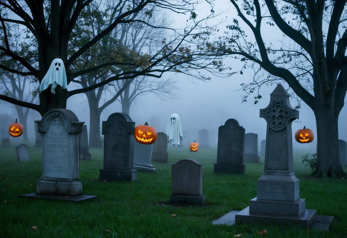 A foggy graveyard with crooked tombstones, eerie jack-o-lanterns, and ghostly figures floating among the trees