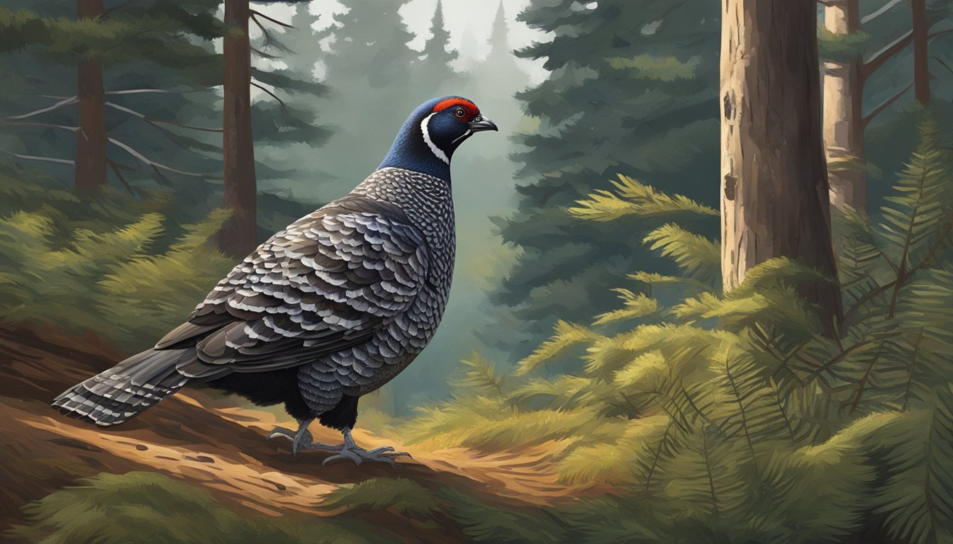 A beginner hunter carefully approaches a spruce grouse in a forest clearing, surrounded by tall trees and dense underbrush