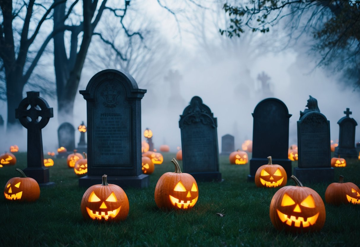 A spooky graveyard with glowing pumpkins, eerie fog, and ghostly figures floating among the tombstones