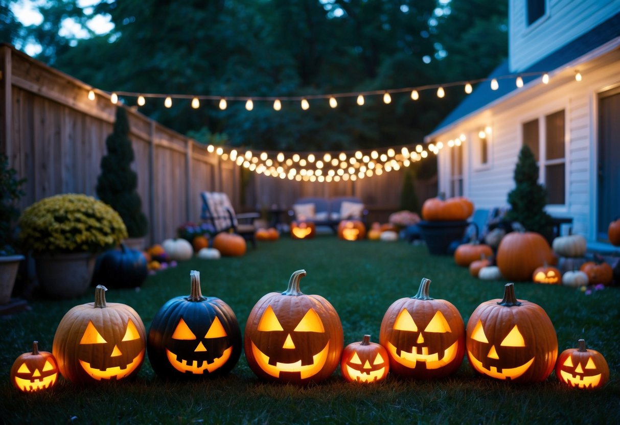 A backyard filled with homemade Halloween decorations, including carved pumpkins, spooky lights, and eerie outdoor ornaments