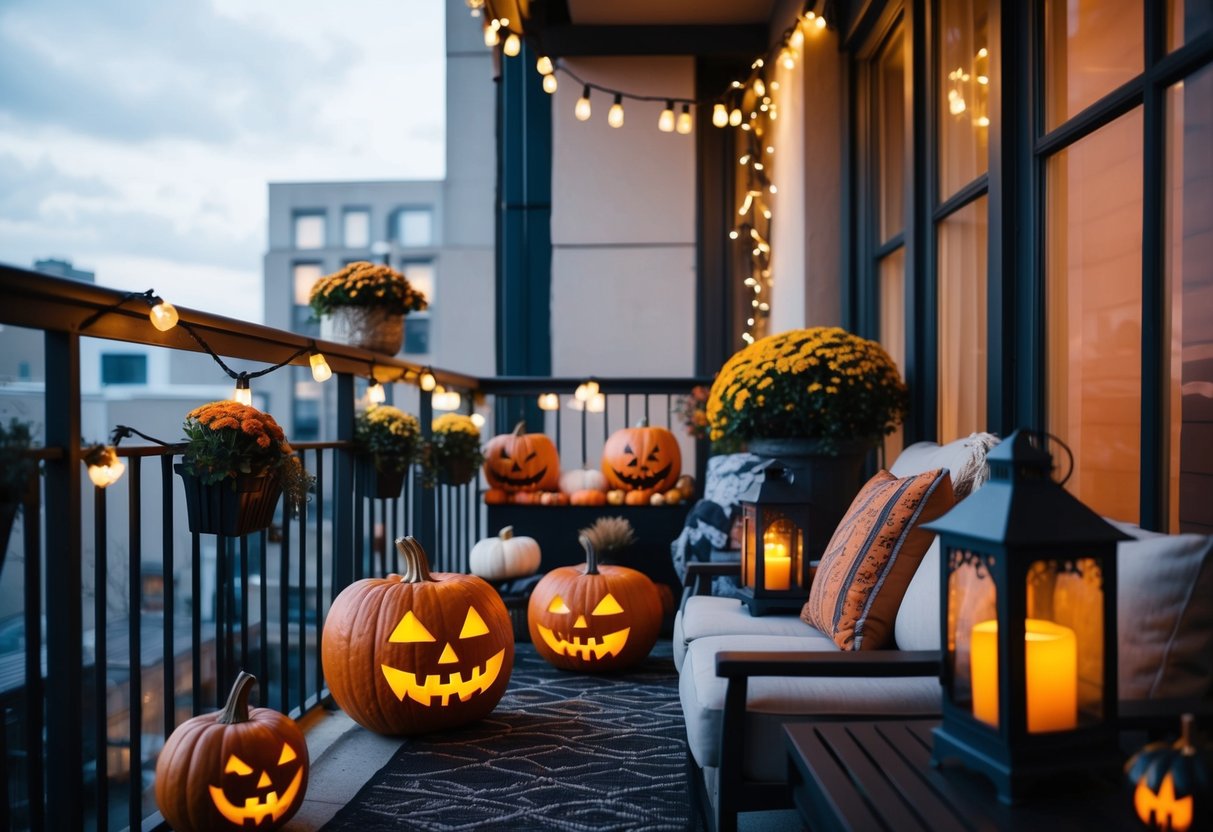 A cozy urban balcony adorned with festive Halloween decor, including carved pumpkins, string lights, and spooky outdoor lanterns