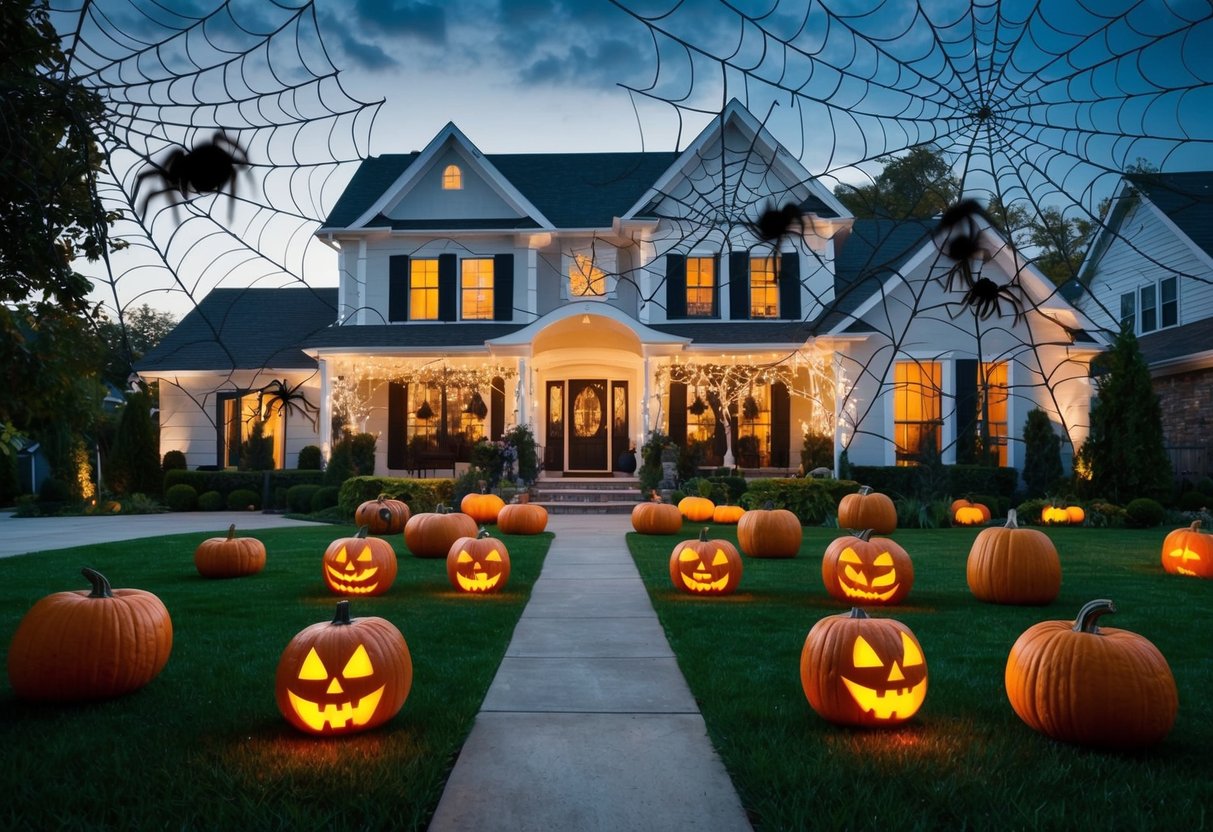 A sprawling front yard adorned with oversized spider webs, giant pumpkins, and eerie lighting, creating a spooky Halloween atmosphere