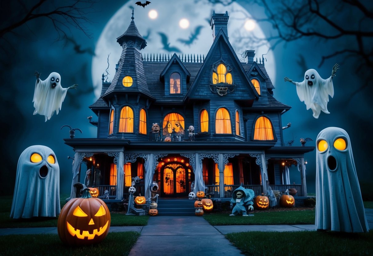 A spooky haunted house with animatronic monsters, interactive features, and eerie lighting. Ghostly figures and creepy sound effects add to the Halloween ambiance