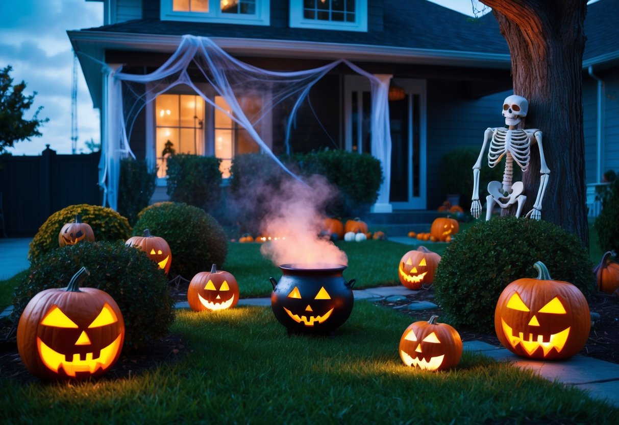 A front yard adorned with spooky jack-o-lanterns, cobweb-covered bushes, and eerie outdoor lighting. A cauldron emits fog, while a skeleton hangs from a tree