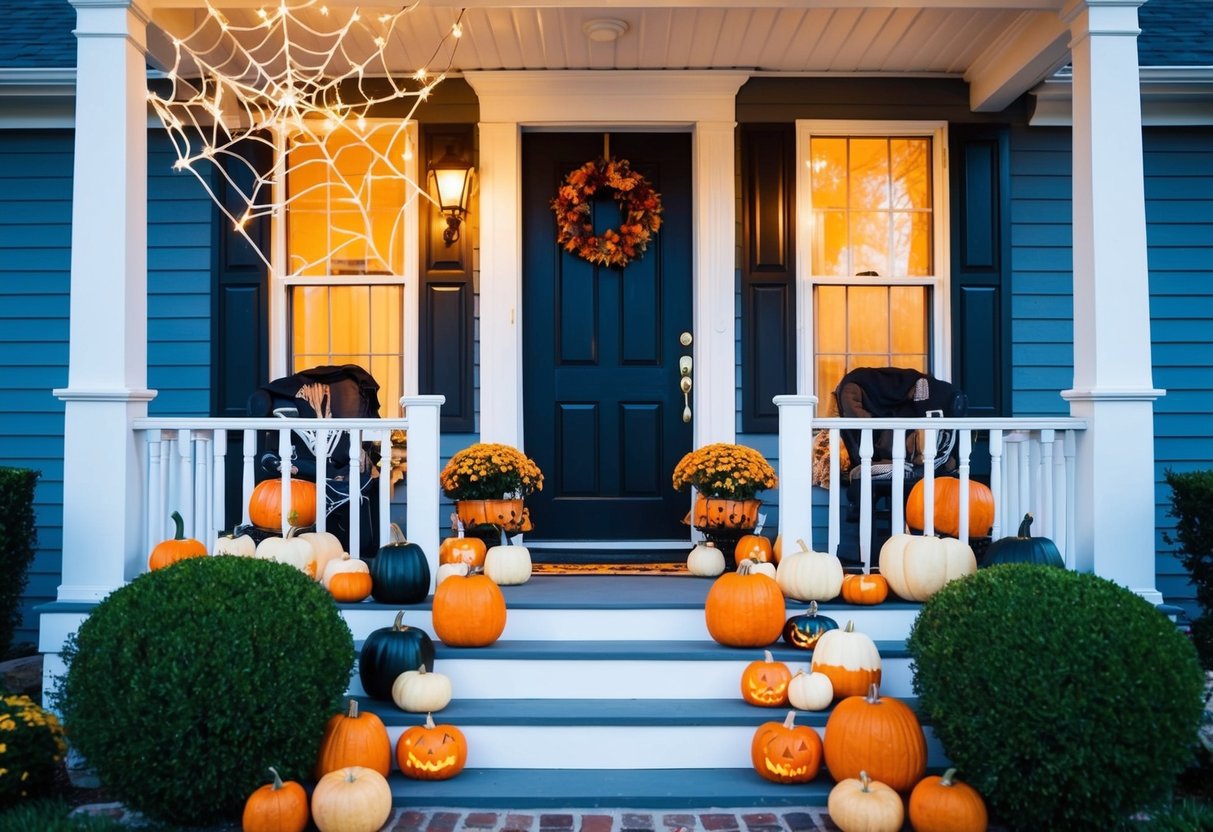 A front porch adorned with Halloween decor, including pumpkins, spider webs, and spooky lights