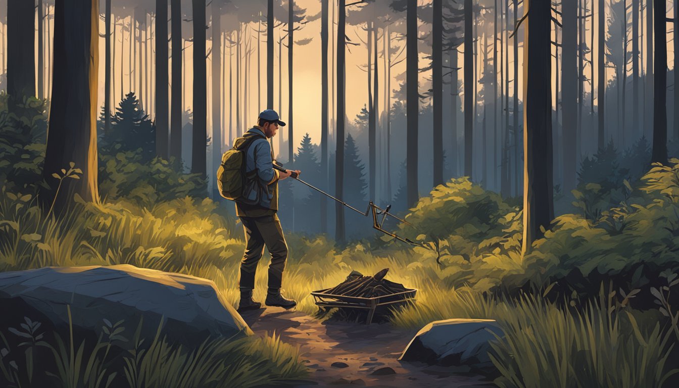 A hunter setting traps in a forest clearing at dusk