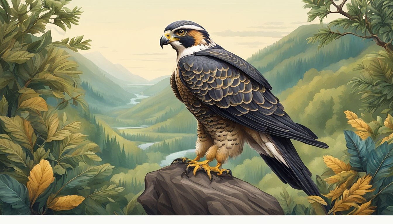 A majestic falcon perched on a leather-gloved hand, surrounded by lush greenery and a medieval-style hunting hood