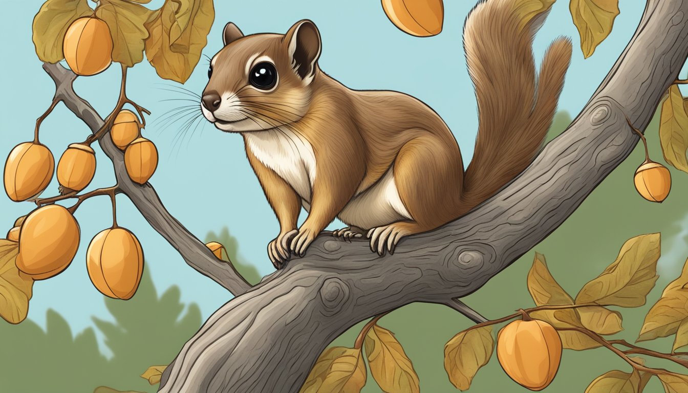 A flying squirrel perched on a tree branch, eyes fixed on a group of acorns below, ready to pounce