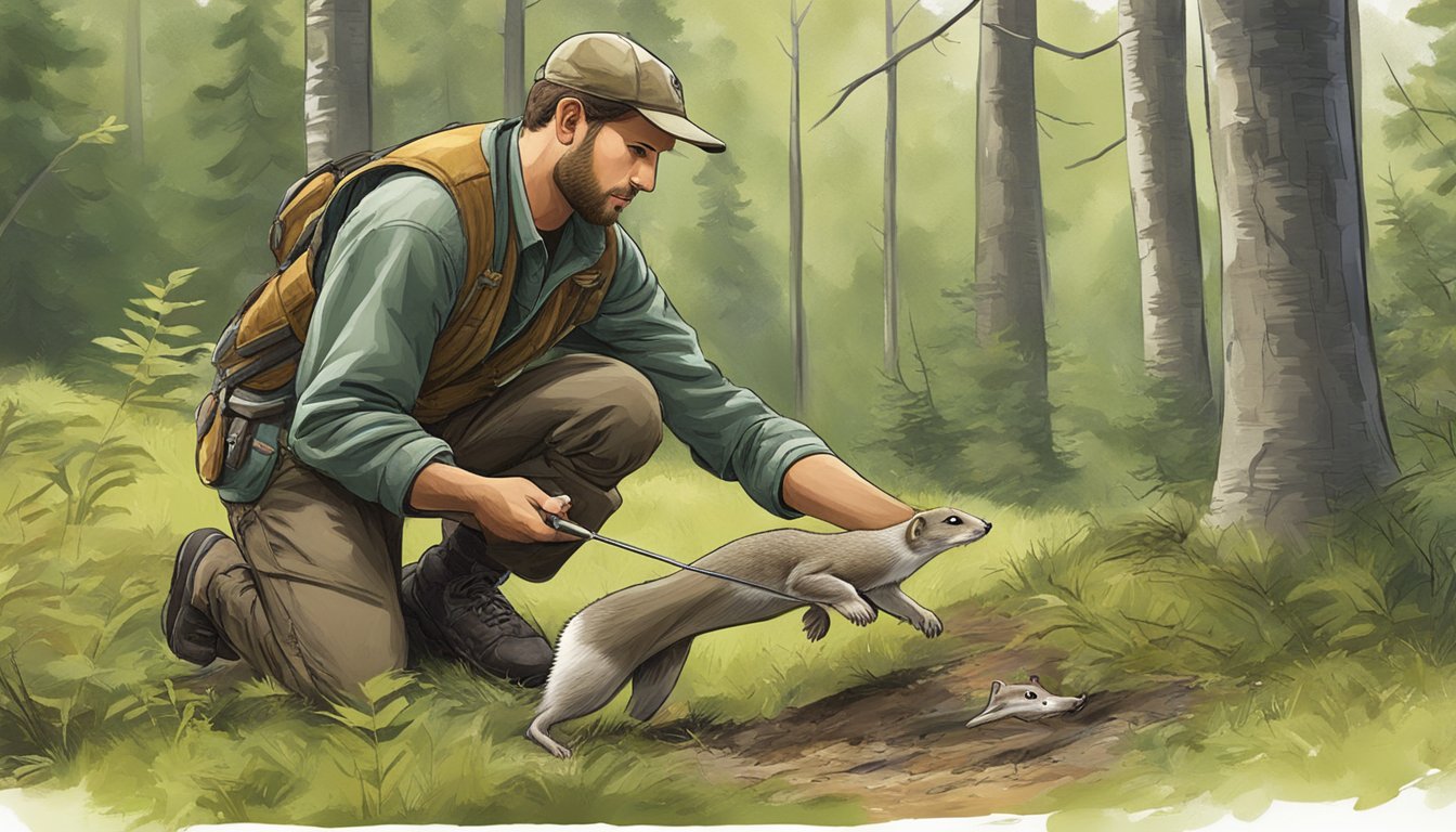 A hunter releasing a weasel from a trap in a forest clearing