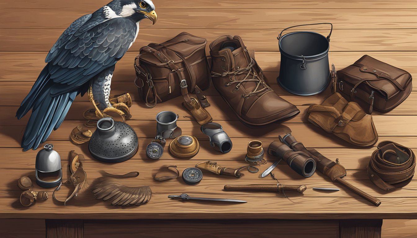 Falconry gear laid out on a rustic wooden table, including leather gloves, hoods, jesses, and bells, with a majestic falcon perched nearby