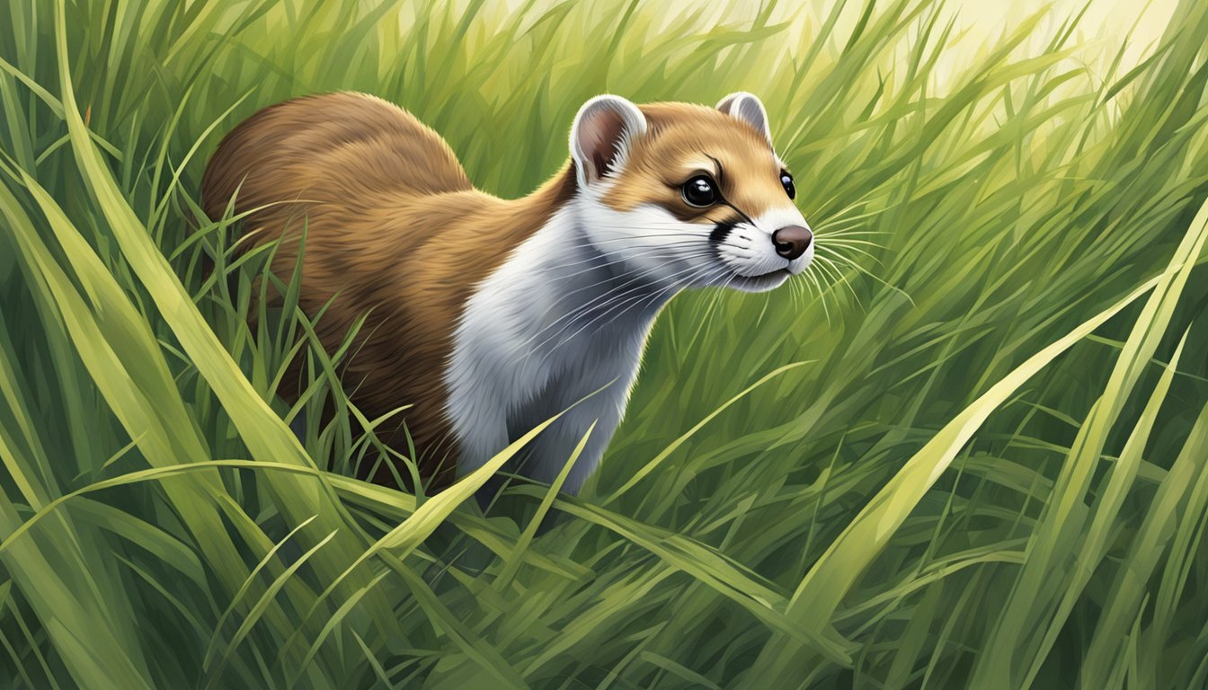 A weasel stalking through tall grass, eyes fixed on a small rodent scurrying nearby