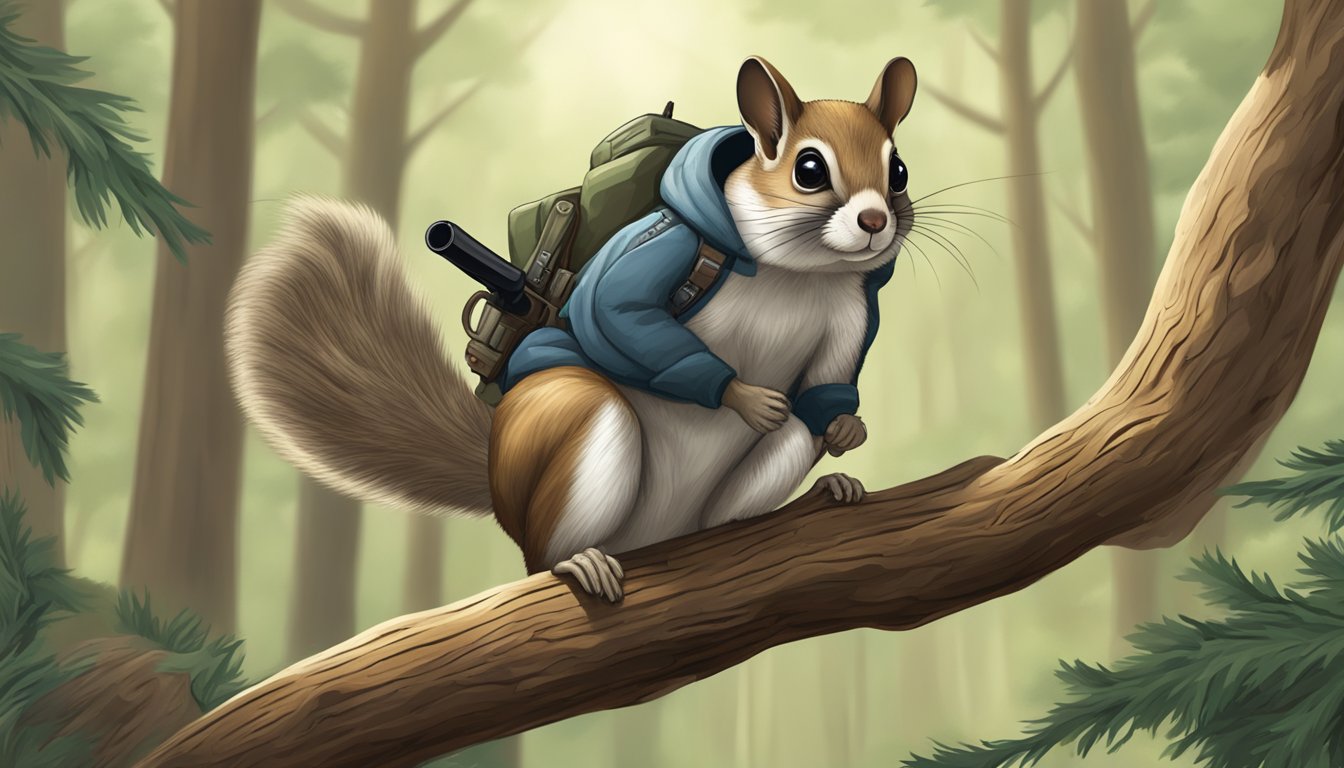 A flying squirrel perched on a tree branch, surrounded by dense forest. A hunter with a rifle is approaching cautiously