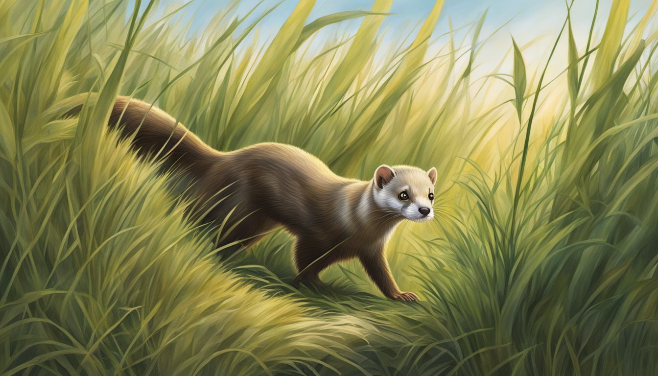 A weasel stalking through tall grass, eyes fixed on prey