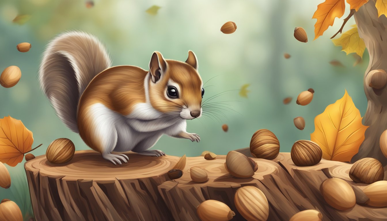 A flying squirrel perched on a tree stump, surrounded by scattered acorns and leaves, with a small pile of nuts in its paws