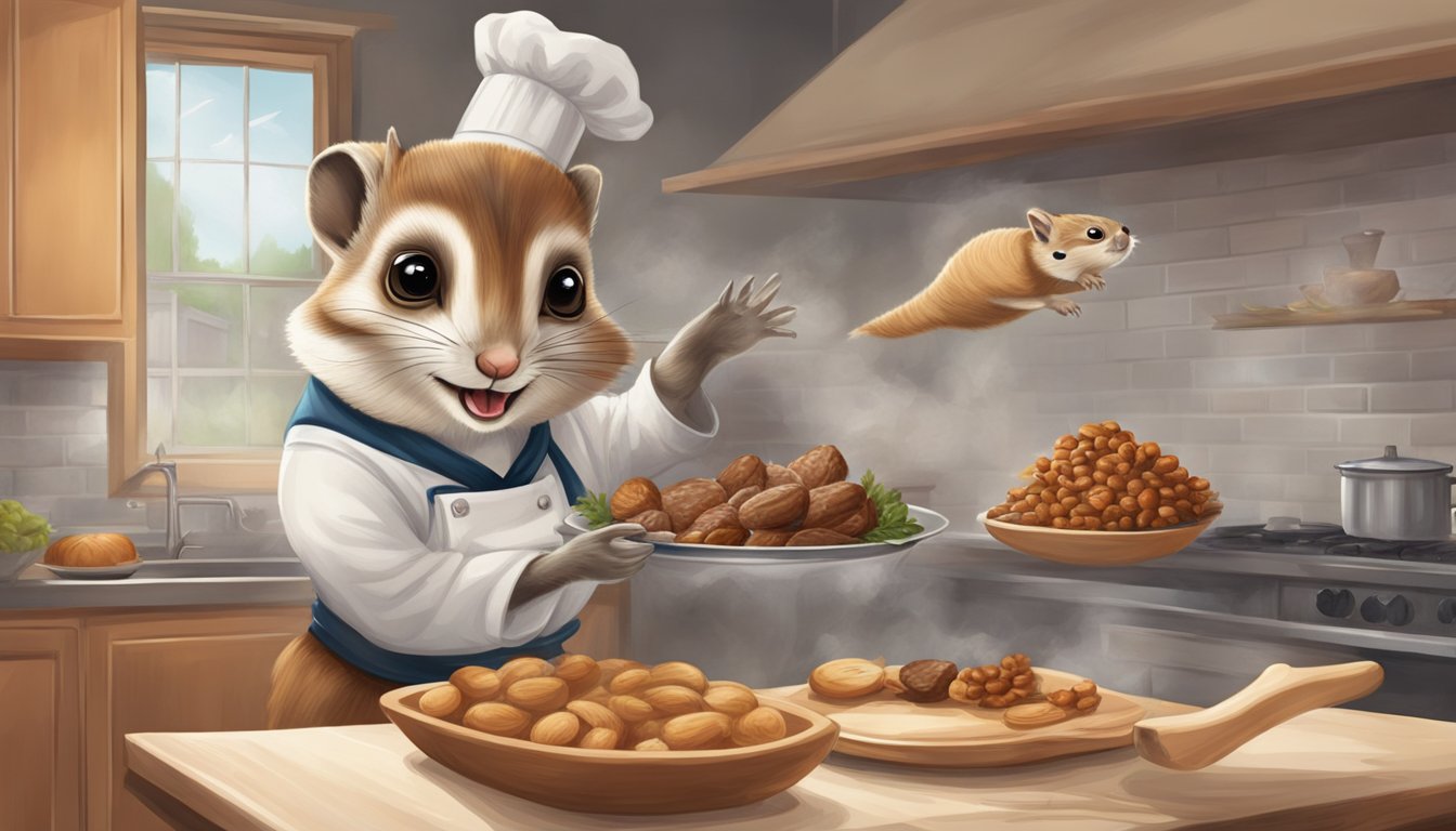 A flying squirrel swoops down to catch a nut, while a chef watches from a distance, preparing to incorporate the unique meat into a gourmet dish