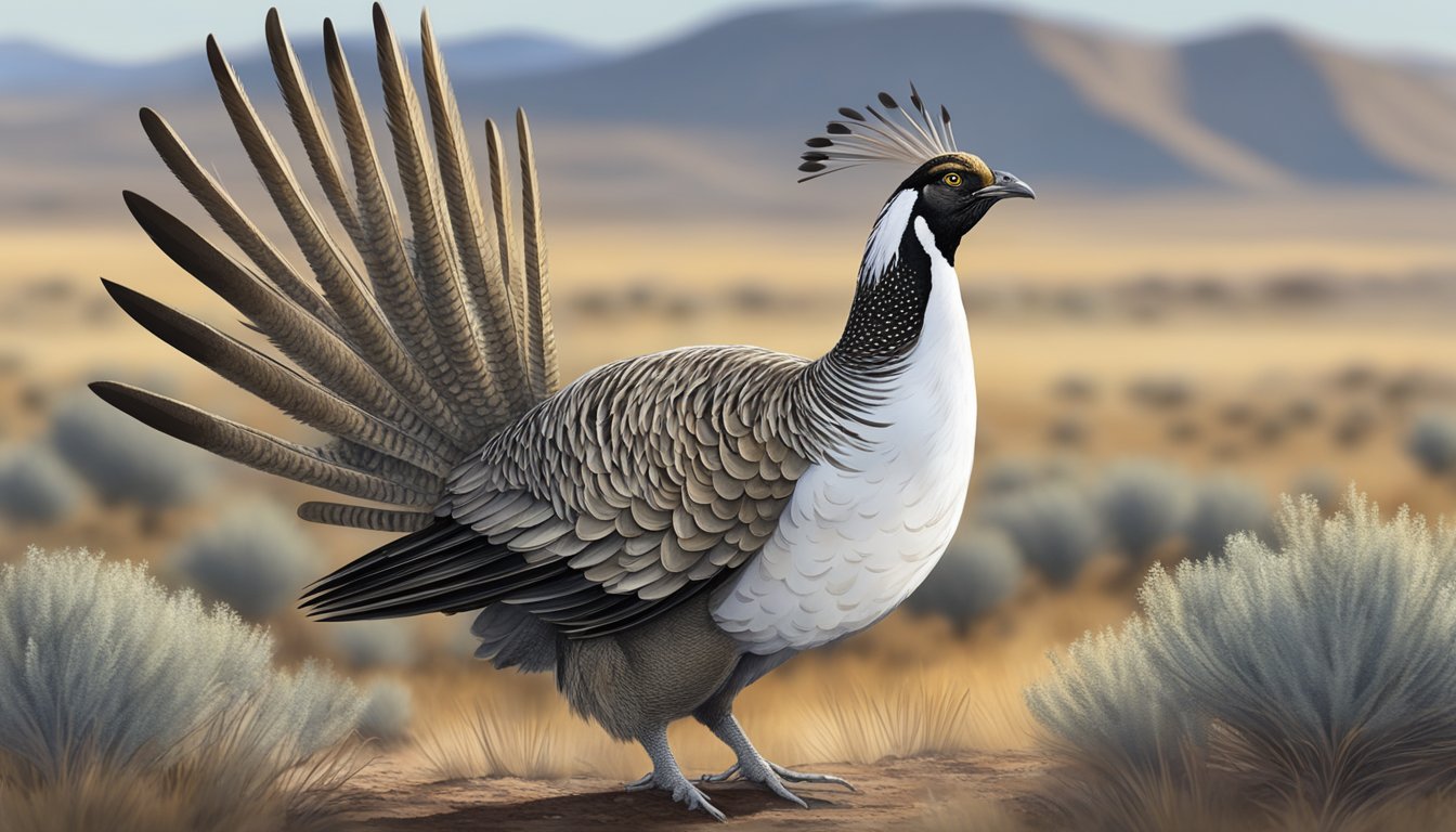 A sage grouse standing in a sagebrush-covered landscape, with its distinctive long tail feathers and mottled gray and brown plumage