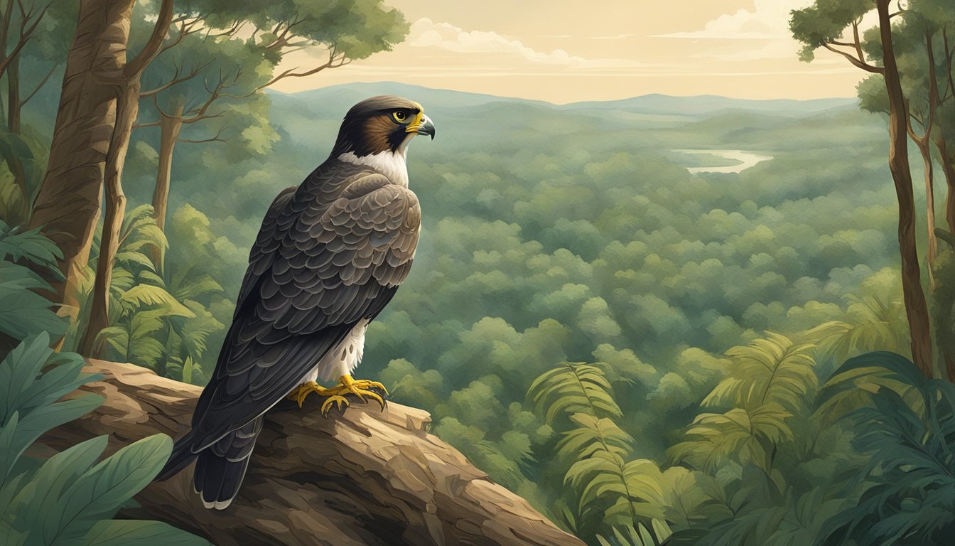 A falcon perched on a gloved hand, surrounded by a lush forest with a hunter and hunting falcon in the distance