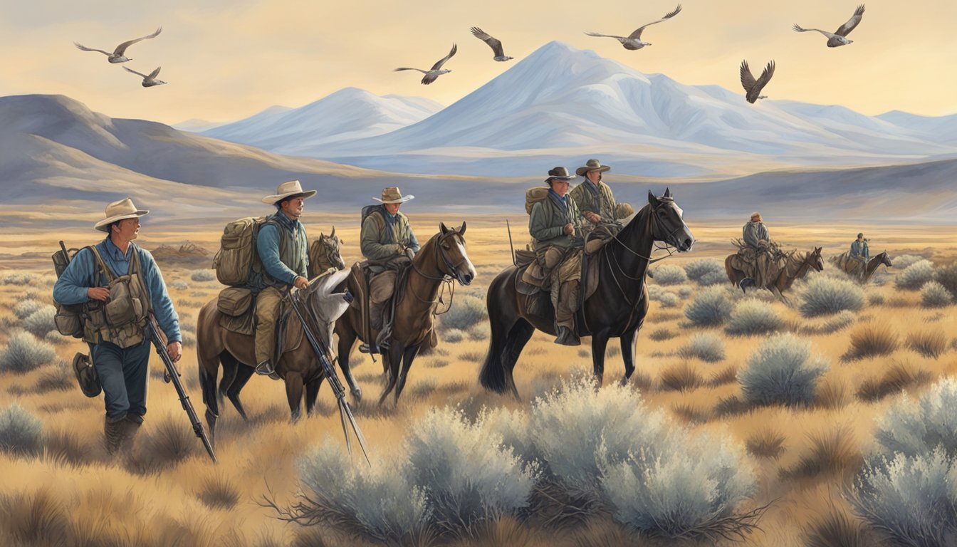 A group of beginner hunters with sage grouse hunting gear in a sagebrush-filled landscape, following legal and ethical guidelines