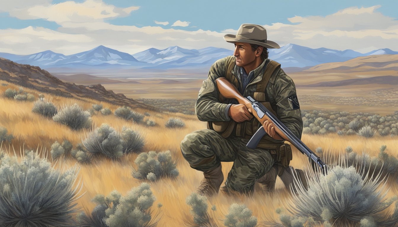 A hunter in camouflage gear crouches behind sagebrush, shotgun at the ready, as a group of sage grouse gather in the distance