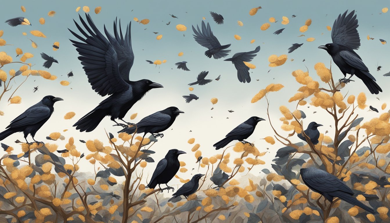 Crows perched in trees, eyeing a field of scattered seeds and insects. A few swoop down to snatch their prey, while others caw from above