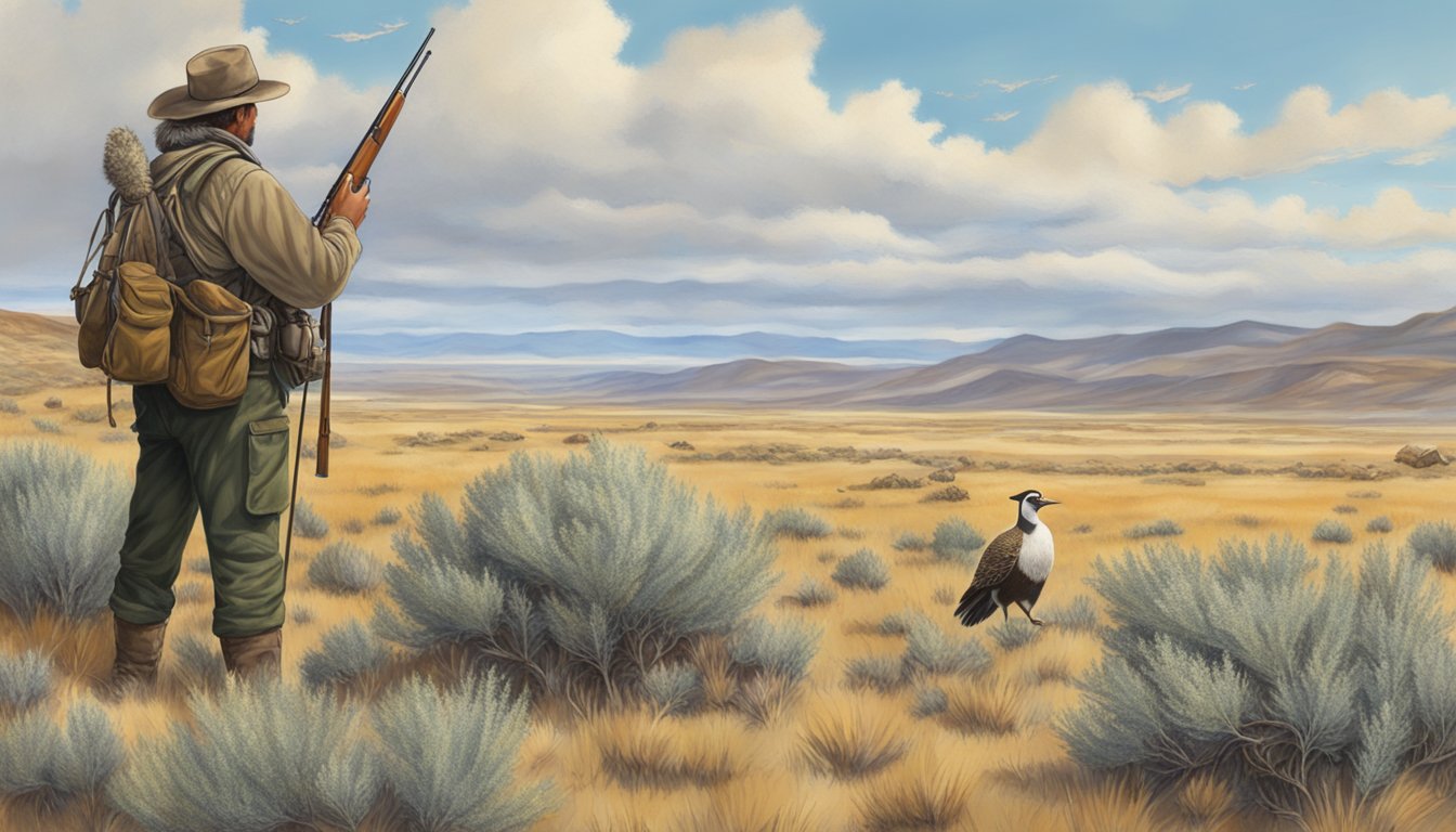 A sagebrush landscape with a hunter using decoys and calls to attract sage grouse