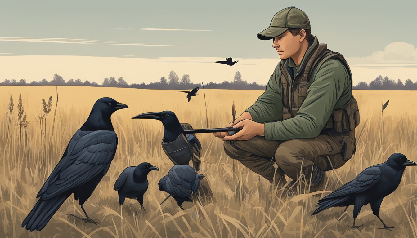 A hunter setting up decoys and camouflage gear in a field for crow hunting