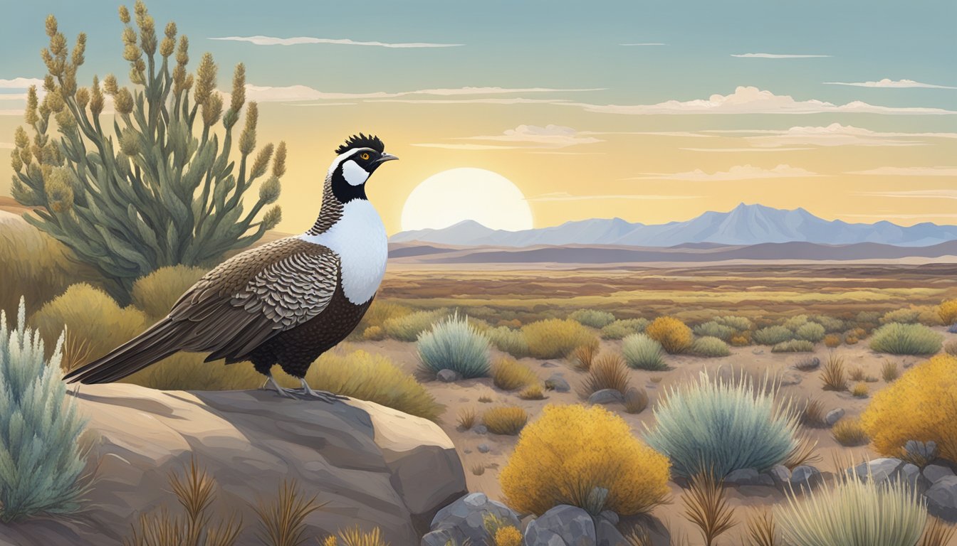 A sagebrush landscape with a sage grouse in the foreground, surrounded by other native plants and animals