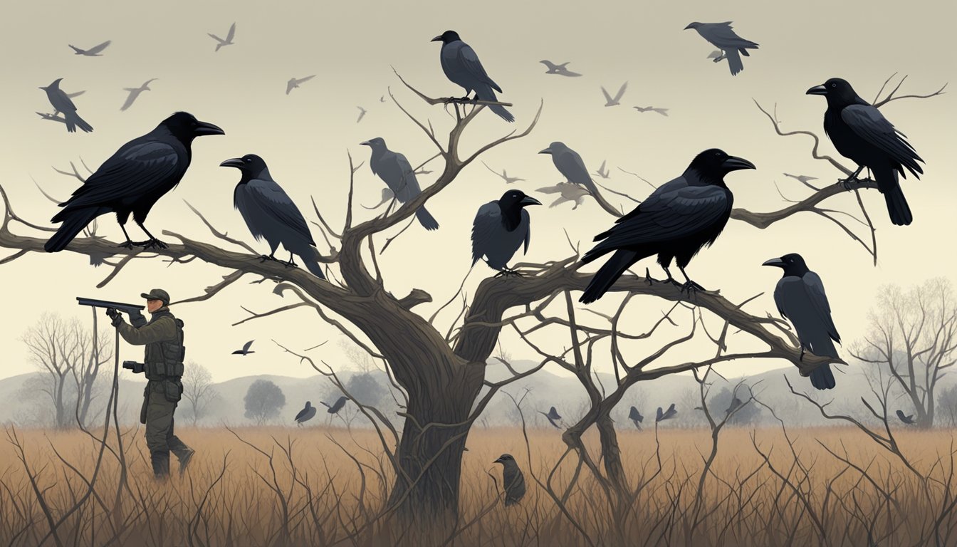 A group of crows perched on leafless branches, with a hunter in camouflage gear setting up decoys in a field