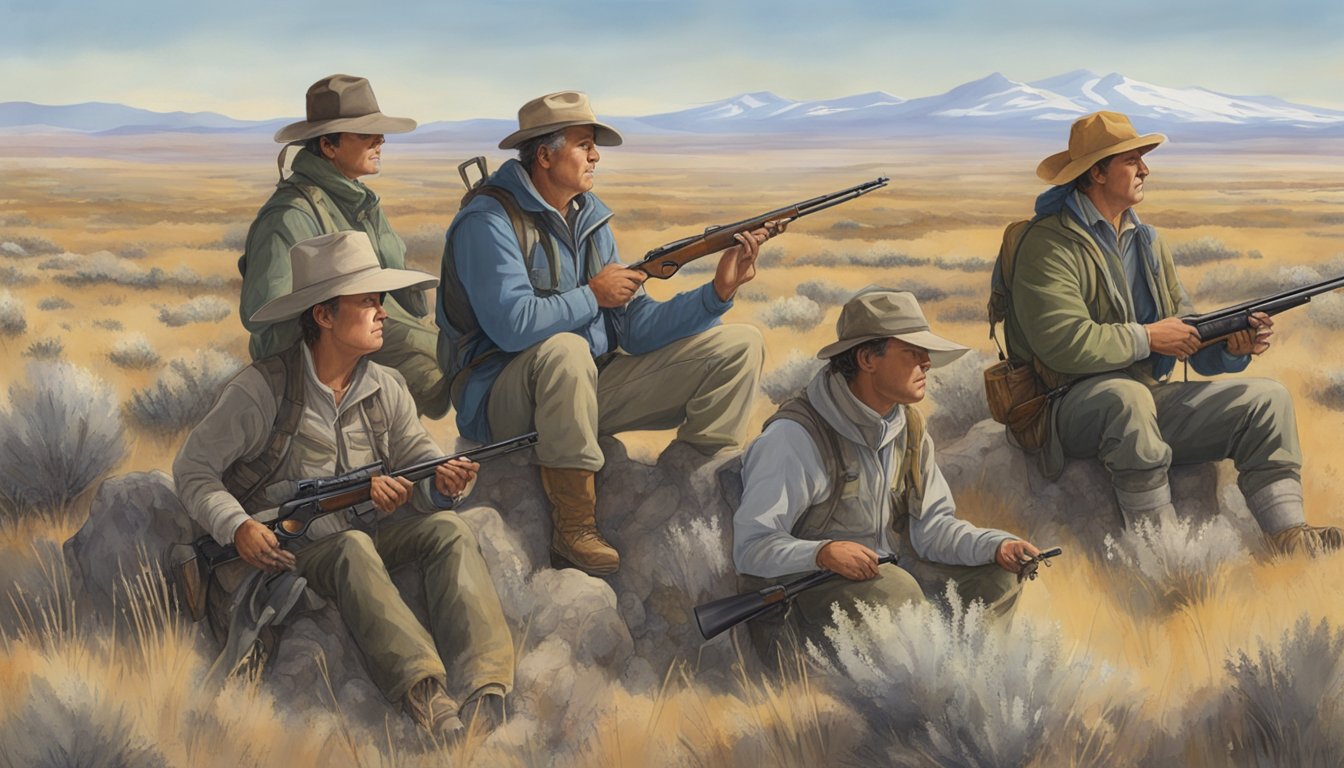 A group of beginners, equipped with hunting gear, quietly observe sage grouse in their natural habitat