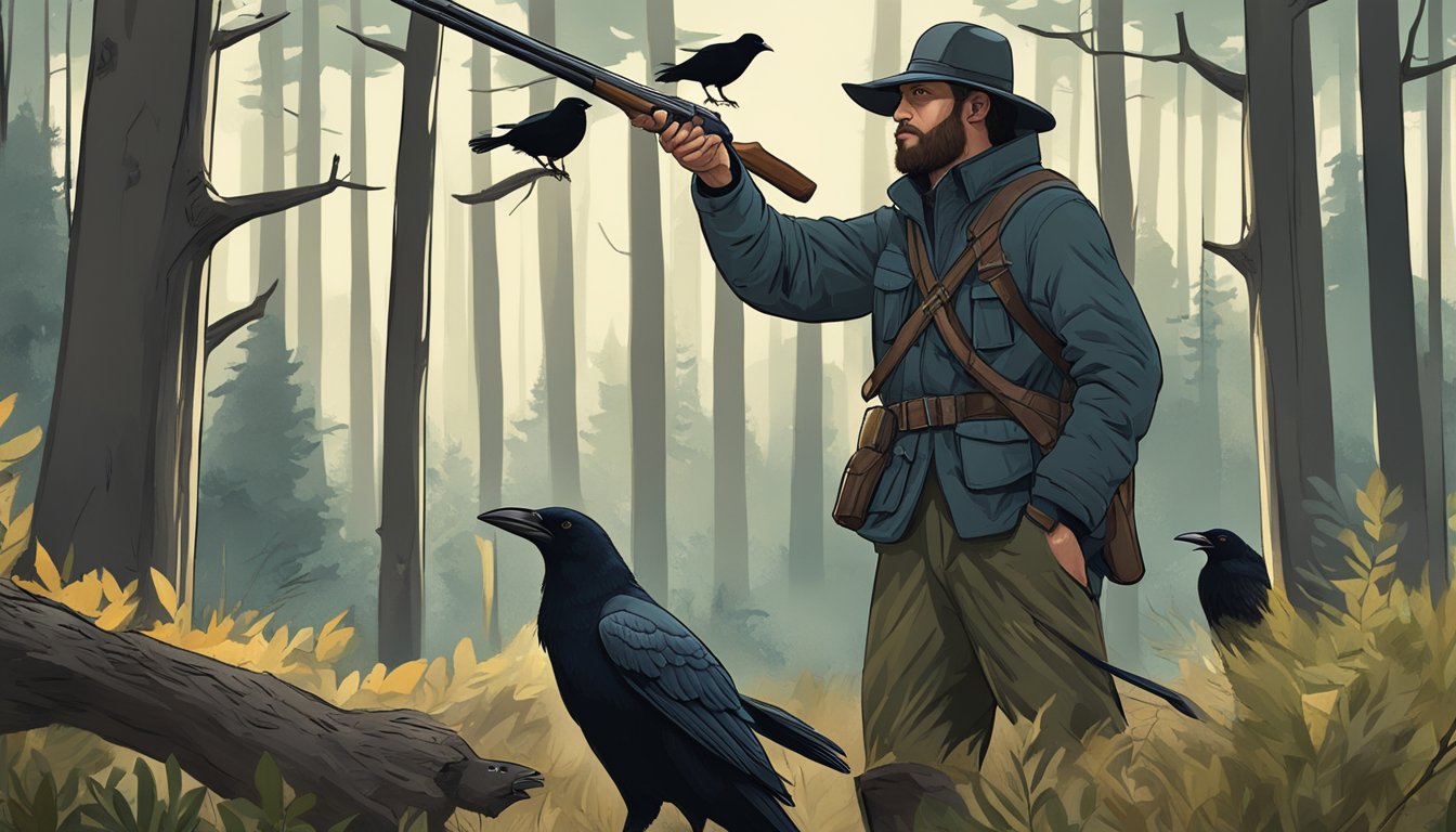 An ethical hunter aims at crows in a forest clearing