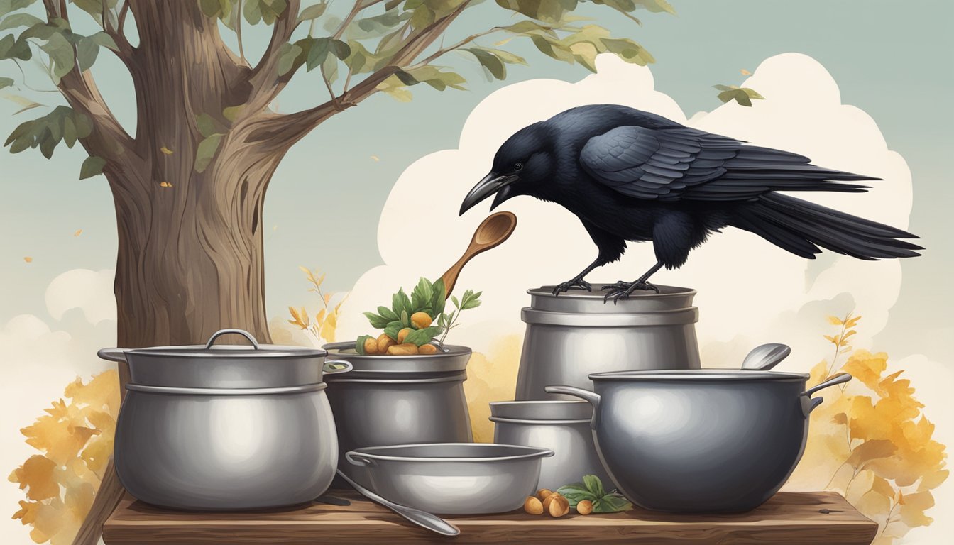 A chef in a white apron and hat, holding a wooden spoon, watches a crow perched on a tree branch, surrounded by pots and pans