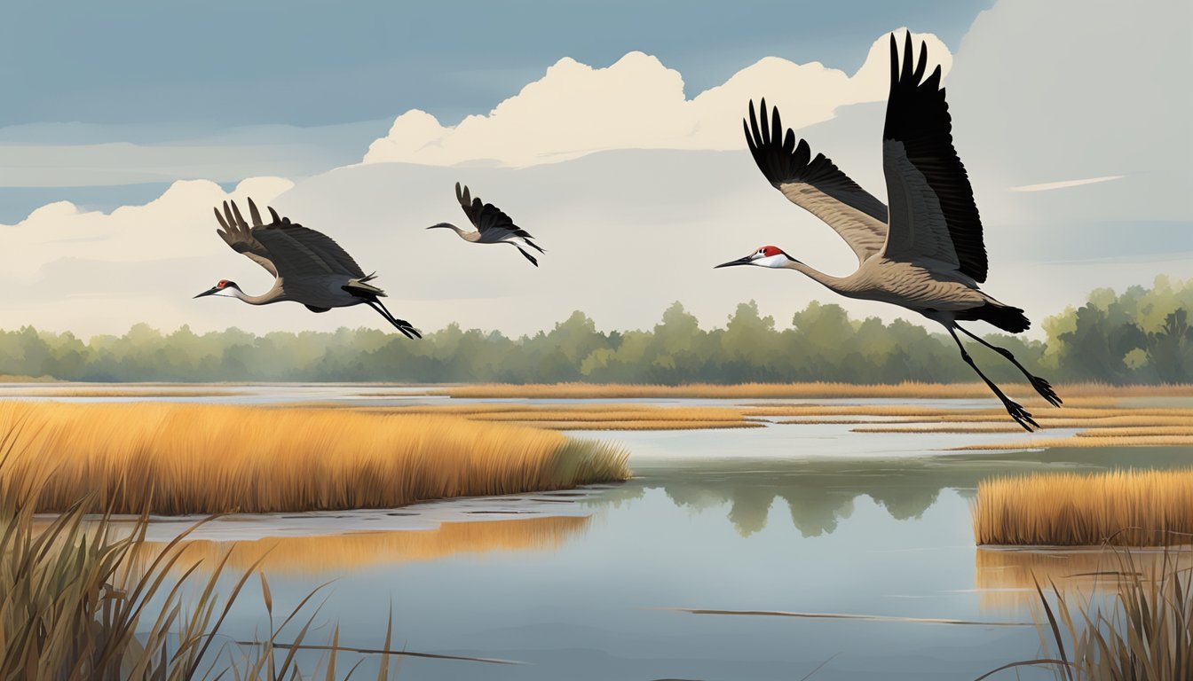 A sandhill crane flying over a marshy wetland, with hunters in the distance following regulations and ethical practices