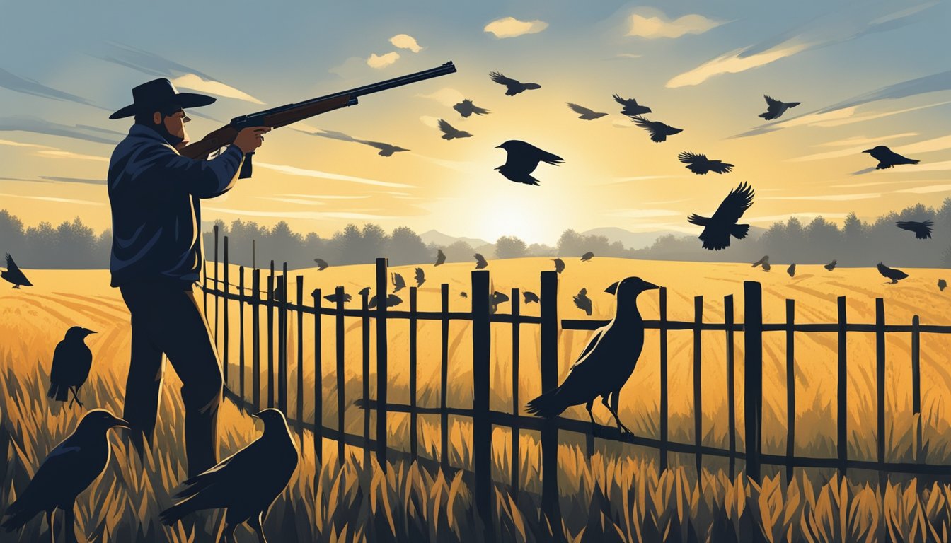 A lone figure in a field, aiming a shotgun at a flock of crows perched on a fence, with the sun casting long shadows