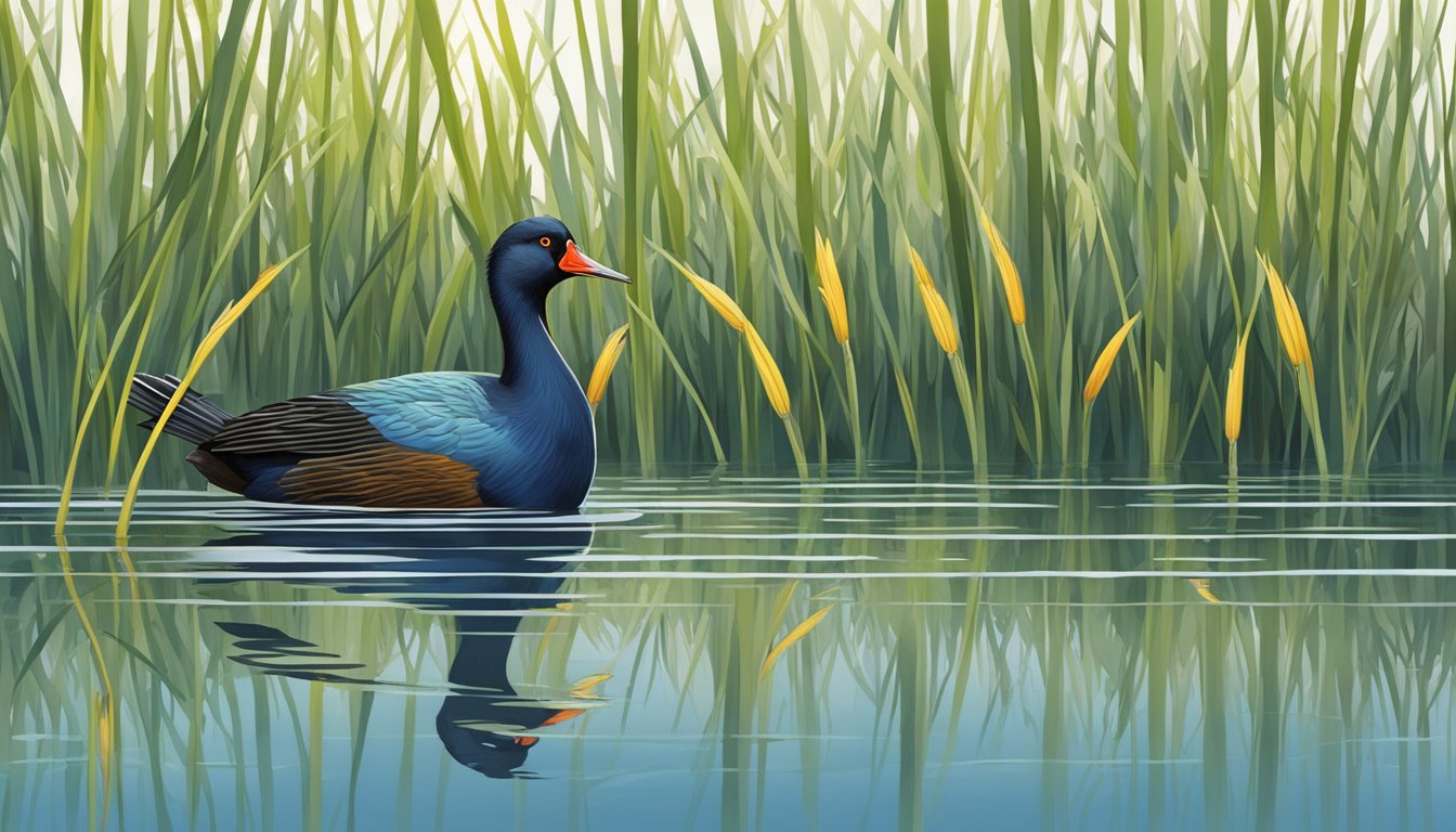 A Gallinule swiftly swims through dense reeds, its beak poised to strike at a small fish beneath the water's surface