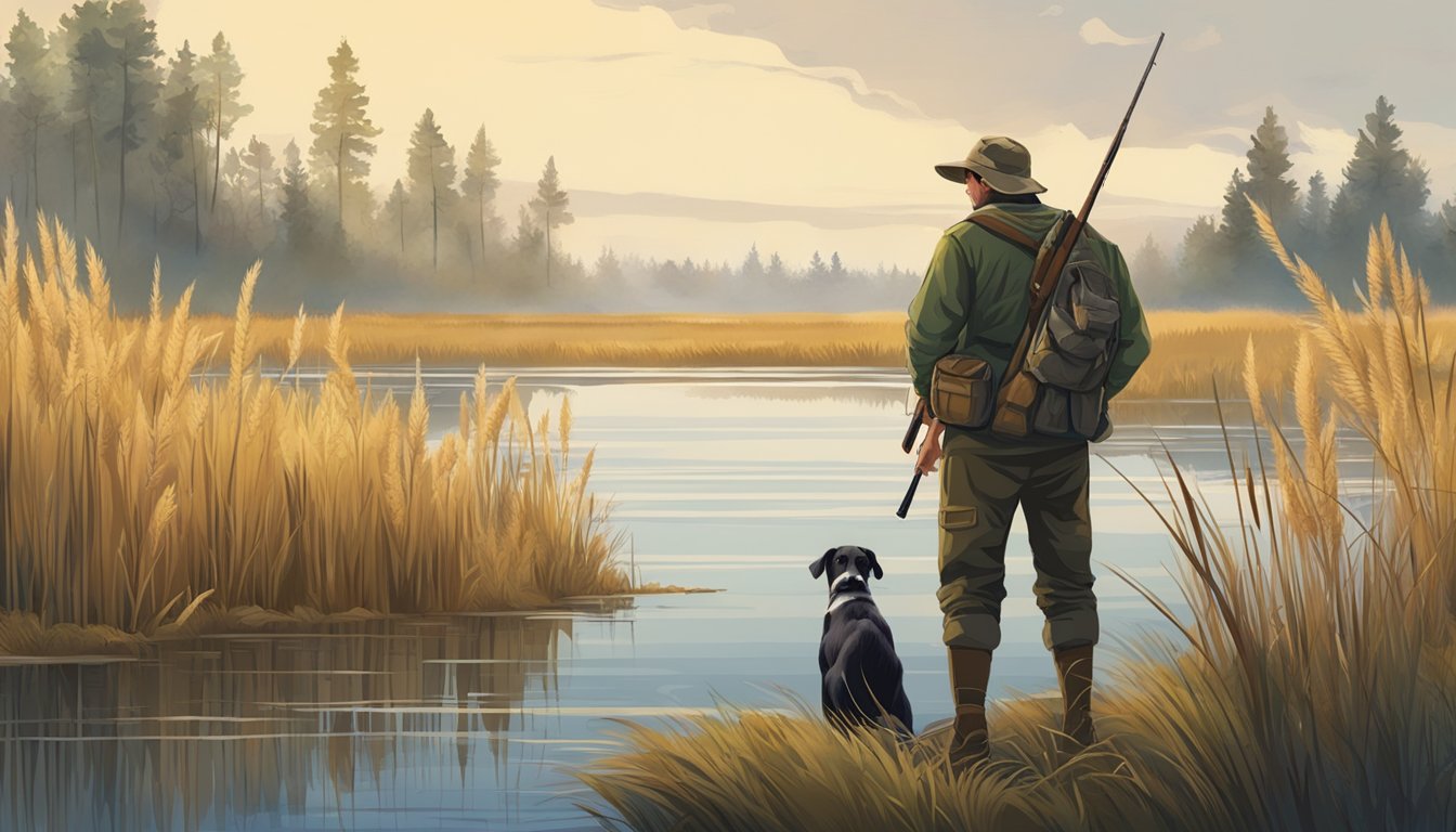 A hunter gathers gear by a marsh, surrounded by tall reeds and water. A hunting dog stands nearby, alert