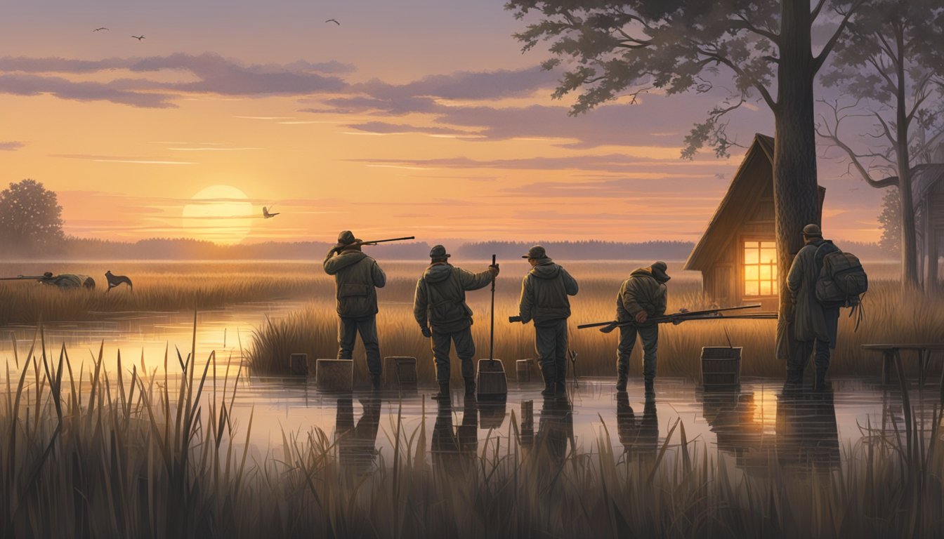 A group of hunters and their guide setting up decoys in a marshy field at dawn, with a rustic lodge in the background