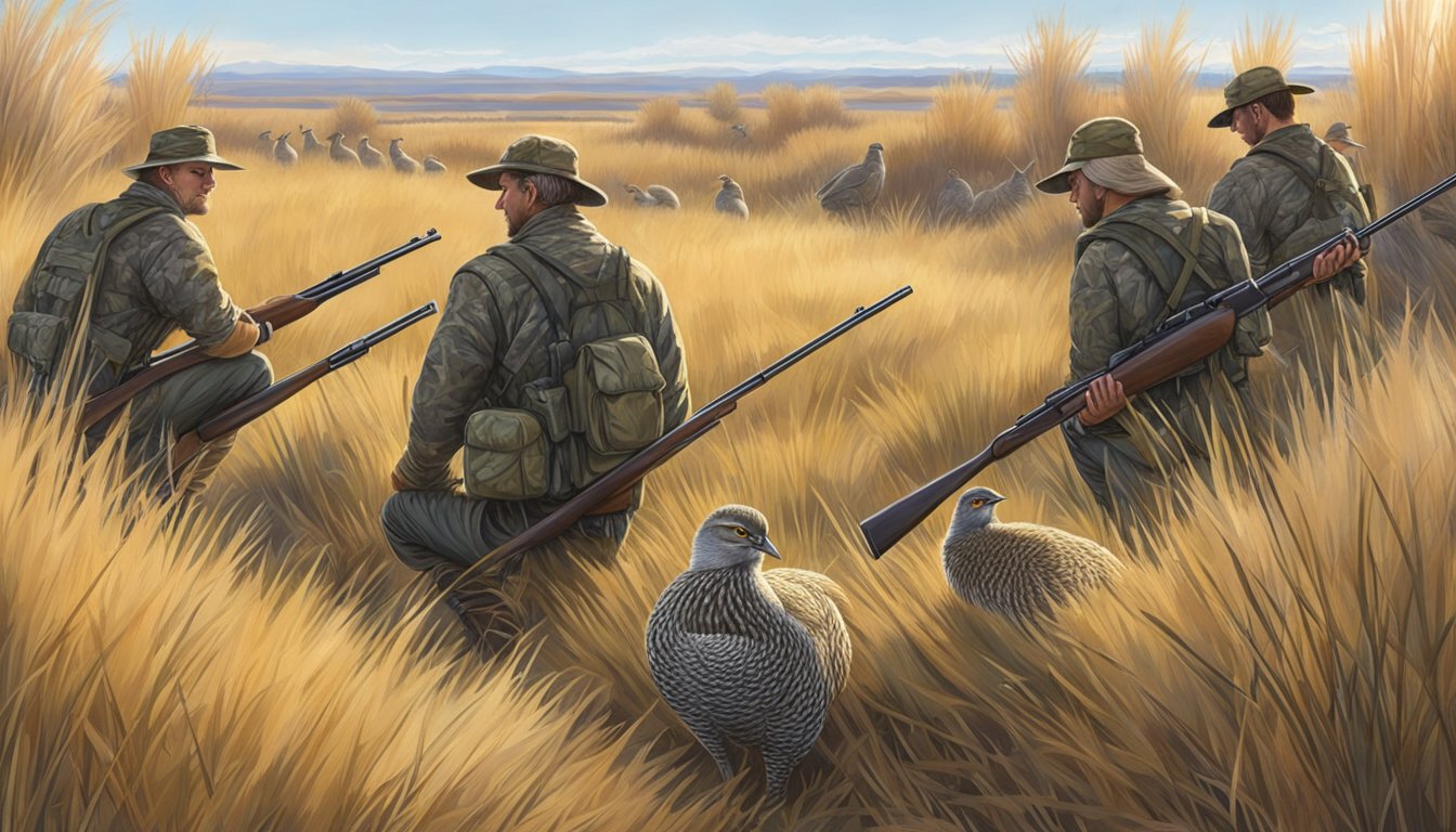 A hunter in camouflage gear crouches behind tall grass, shotgun at the ready, as a group of sharp-tailed grouse gather in the distance