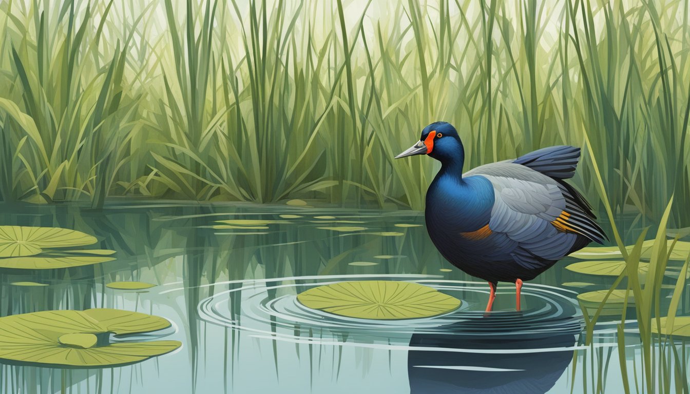 A gallinule wading through a marsh, surrounded by tall reeds and water lilies, while searching for hunting spots