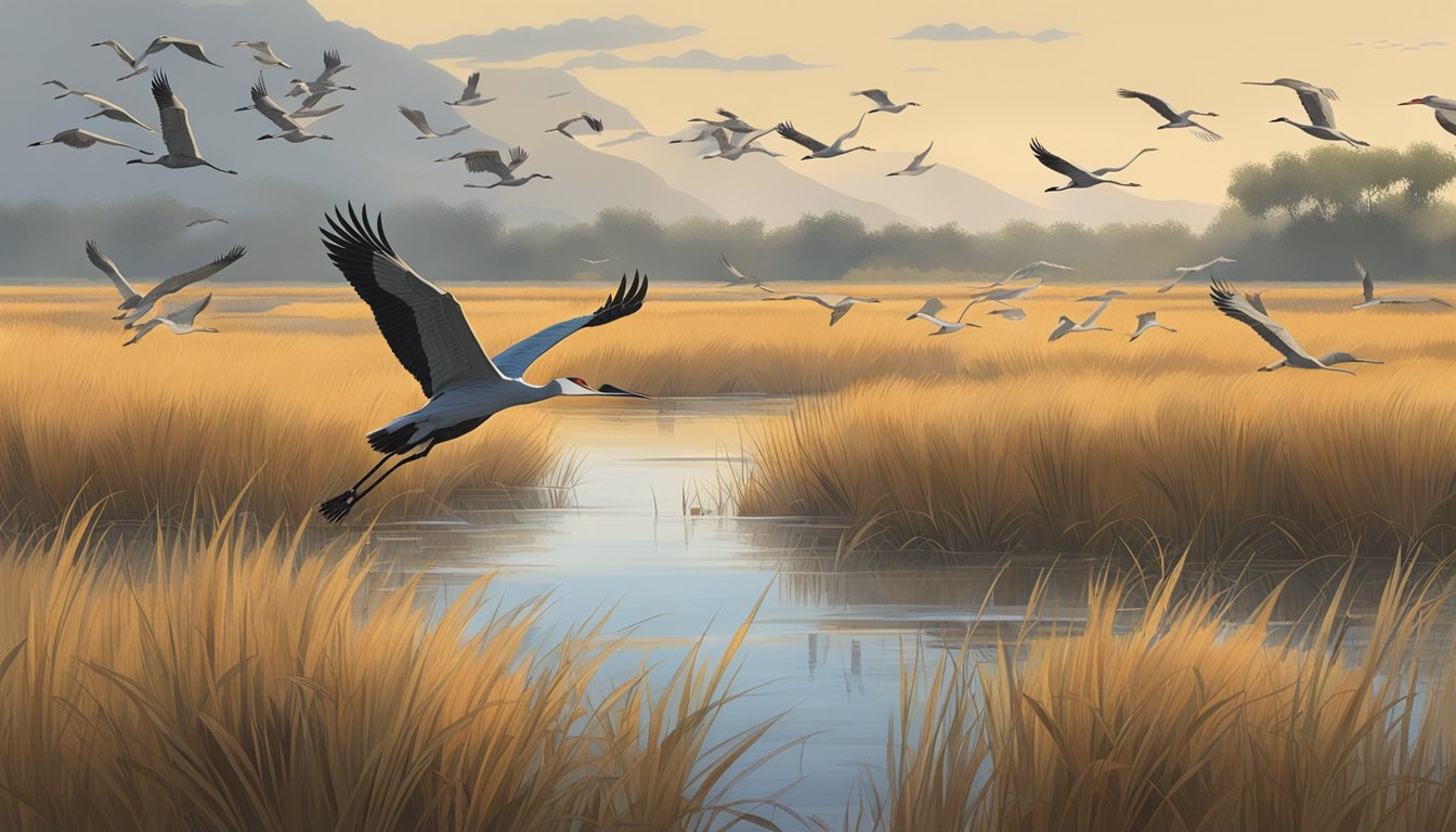 A hunter crouches in a marsh, surrounded by tall grasses and reeds, as a flock of sandhill cranes takes flight in the distance