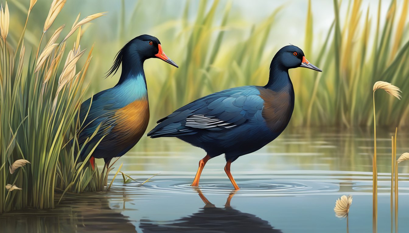 A gallinule stands at the edge of a marsh, its beak poised to strike as it hunts for prey among the reeds and water plants