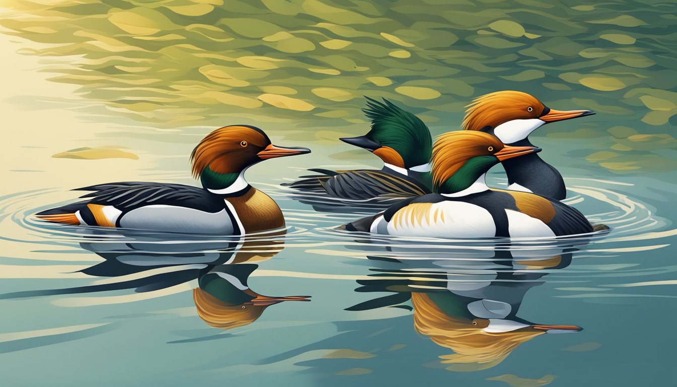 A group of mergansers swims in a calm lake, diving and hunting for fish beneath the surface. The sunlight reflects off the water, highlighting their sleek, colorful feathers