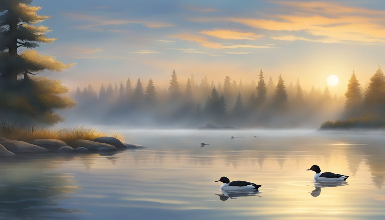 A serene lake at dawn, with mist rising from the water. A group of mergansers swim gracefully, their sleek bodies reflected in the calm surface