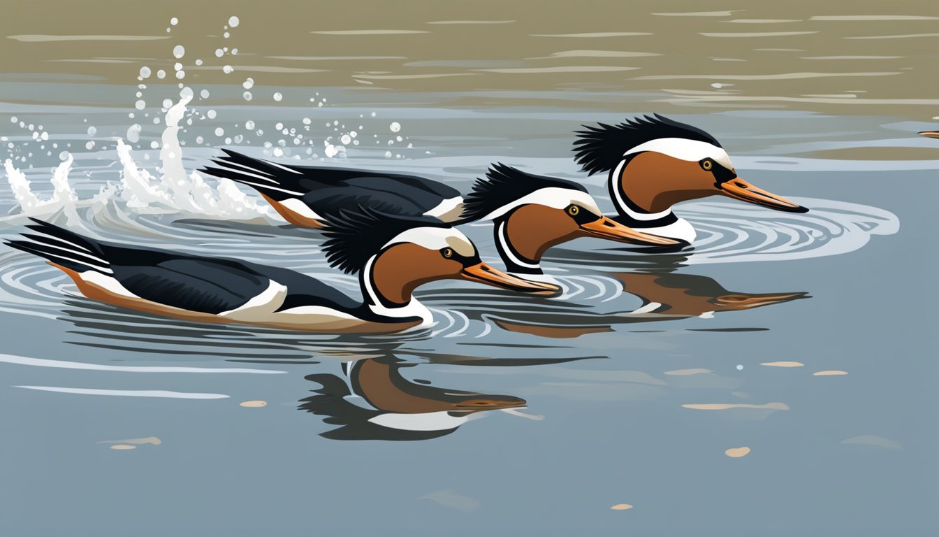 Mergansers dive into the water, scanning for fish with their sharp eyes. They swiftly pursue their prey, using their slender bills to catch their meal