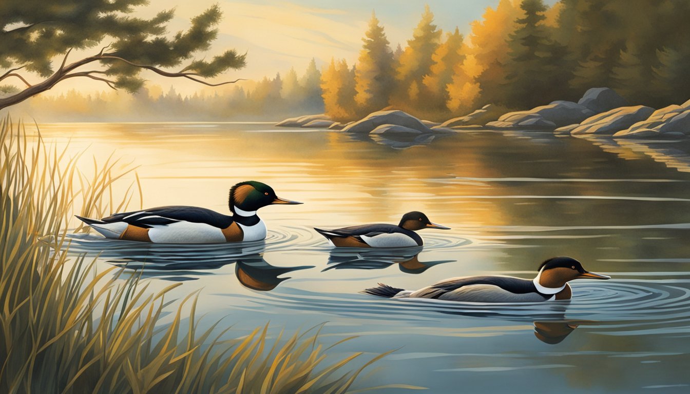 Mergansers dive into a tranquil lake, their sleek bodies slicing through the water as they hunt for fish. The sun casts a warm glow on the scene