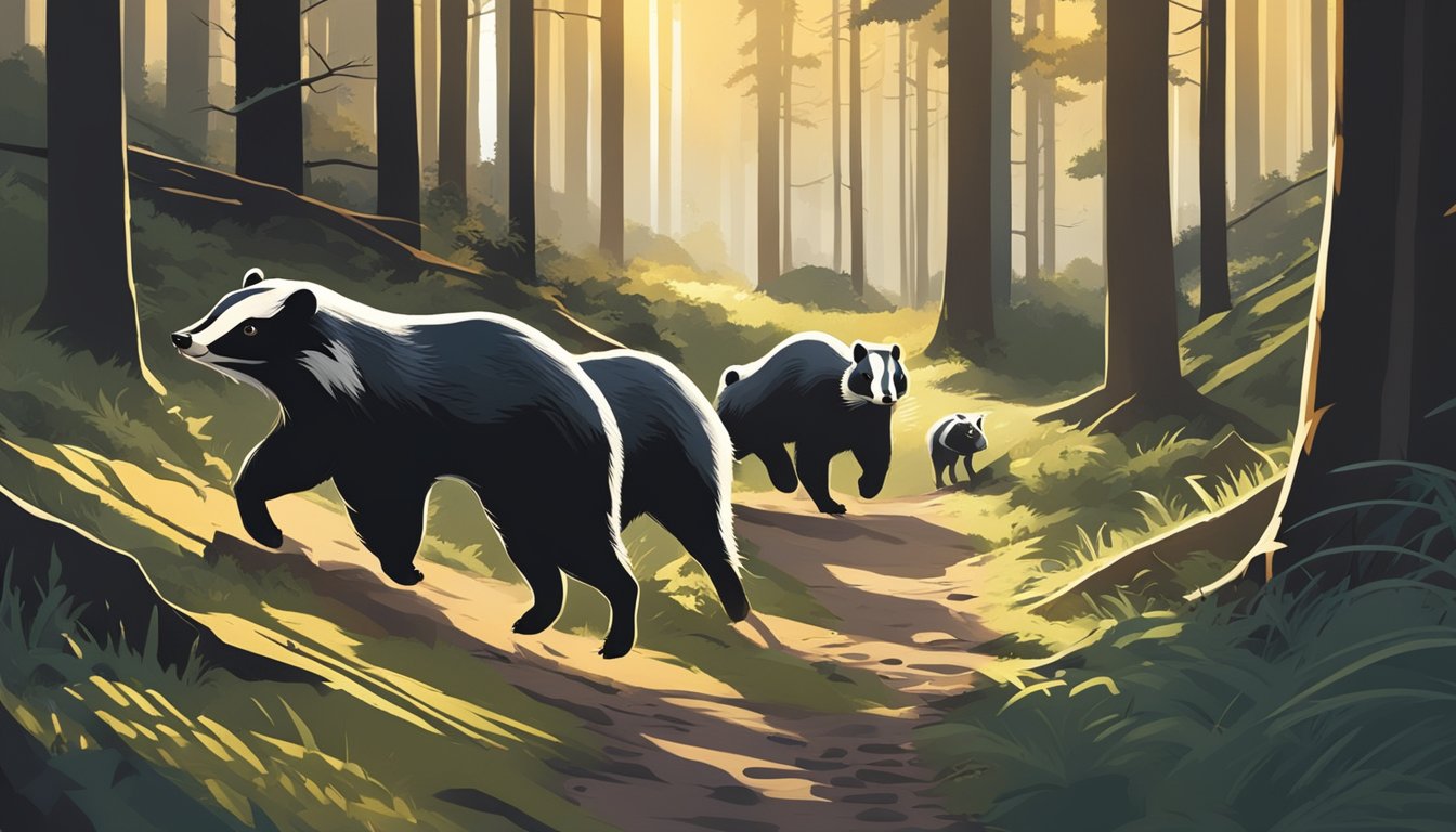 A group of badgers scurry through a dense forest, pursued by hunters and their dogs. The setting sun casts long shadows, adding tension to the scene